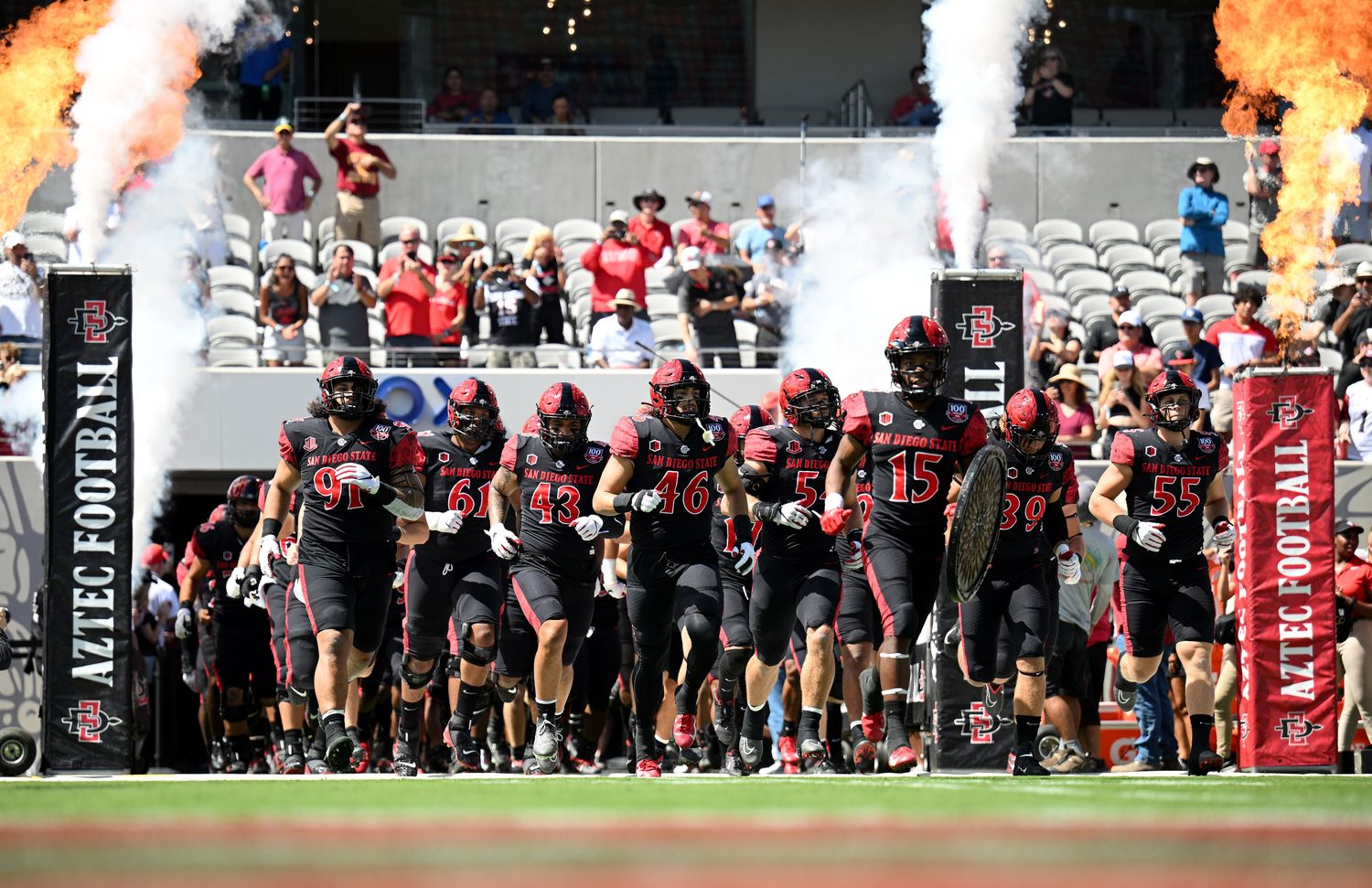 Sep 24, 2022; San Diego, California, USA; San Diego State Aztecs players take the field before the game against the Toledo Rockets at Snapdragon Stadium. Mandatory Credit: Orlando Ramirez-USA TODAY Sports